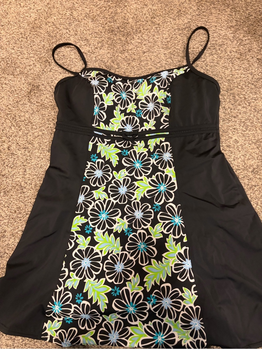 Black Floral Panel One-Piece Swimsuit with Lime & Aqua Accents